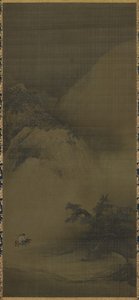 Paisaje nevado, pintura de paisaje (kenpon bokuga tansai sekkei sansui zu). Pergamino colgante